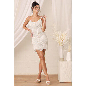 Lulus Shake It Off White Sequin Fringe Sleeveless Mini Dress - Size S